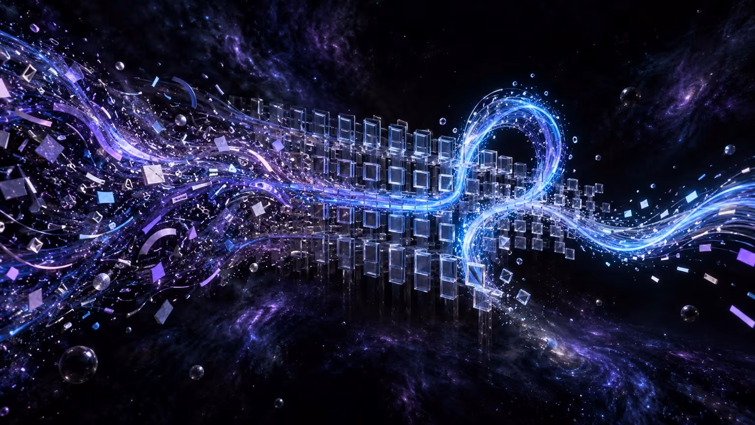 An abstract violet information stream transforms into a rigid arrangement of translucent forms; an electric-blue thread curls back into a luminous loop and continues on a new path.